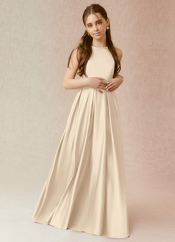 Azazie Arianthe Junior Champagne A-Line with Pockets Matte Satin Dress image1