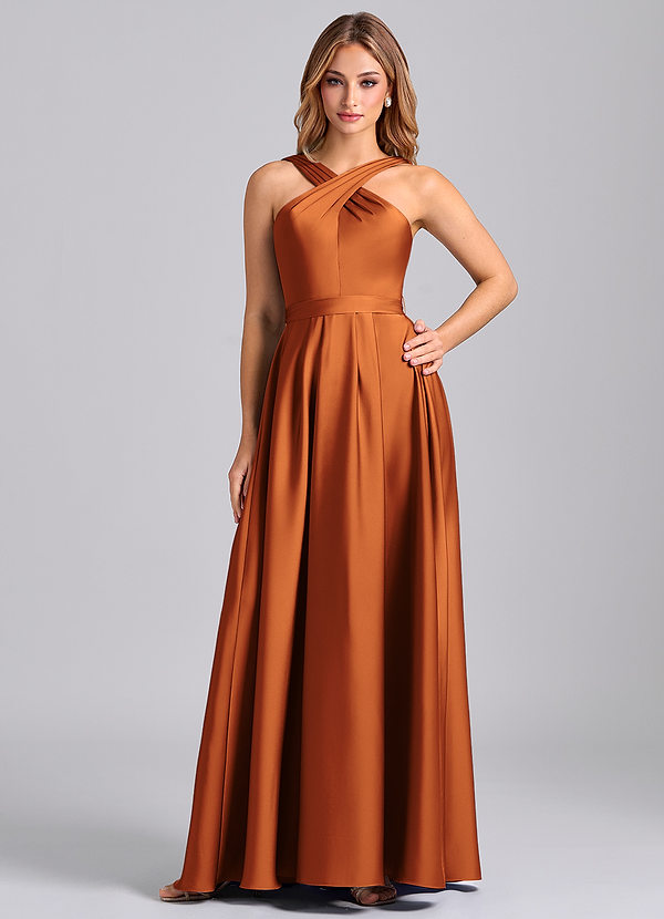 Azazie Dixie 신부 들러리 드레스 A라인 주름진 스트레치 새틴 바닥 길이 드레스 image1