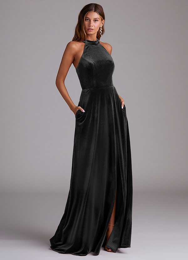 Azazie Larice Bridesmaid Dresses Black A-Line with Pockets Velvet Dress image1
