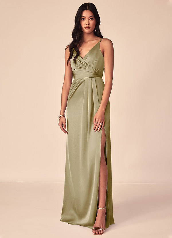 Aqua A-Line V-Neck Pleated Stretch Satin Dress
