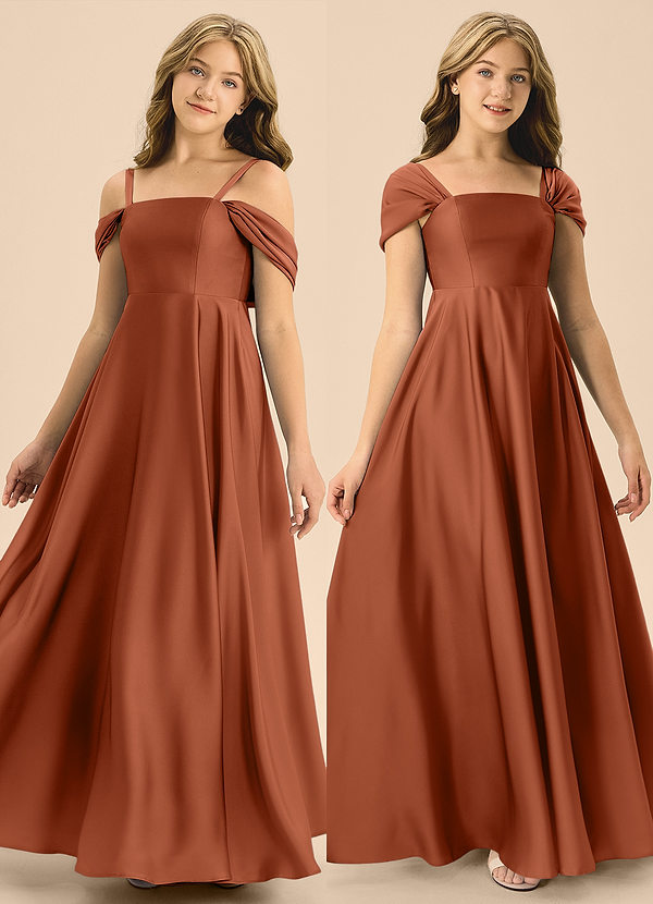 Azazie Rowena Junior Vestido de Rosa De Cedro de Satén Elástico de Corte en A con Lazo image1
