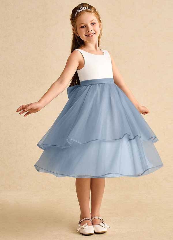 Azazie Rene Flower Girl Dresses Ivory Dusty Blue A-Line Bow Tulle Dress image1