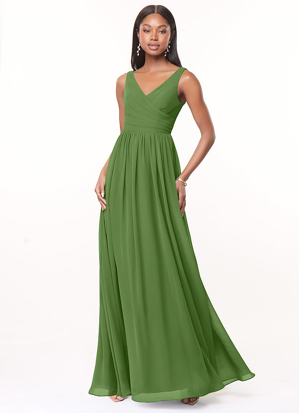 Azazie Keyla Brautjungfernkleider Eine Linie V-Hals Gefaltet Chiffon Kleid Basilikum image1
