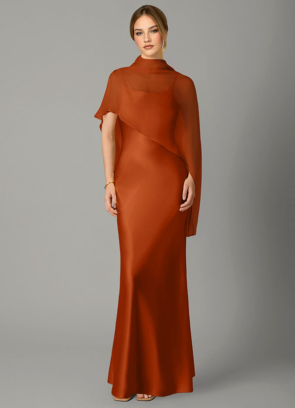 Azazie Jaleesa Robes de demoiselle d'honneur Robe Fourreau en Satin extensible Col haut Orange Brûlée image1