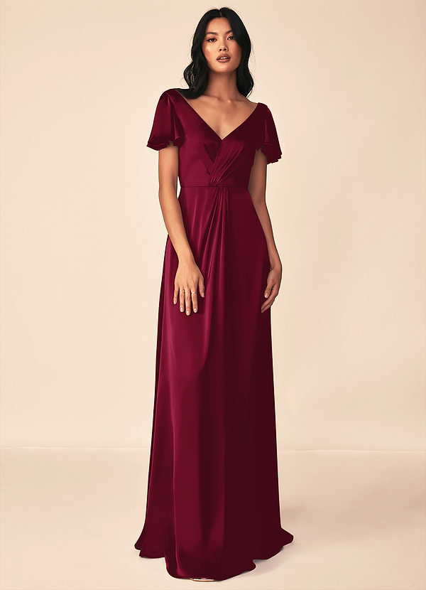 Azazie Soren Bridesmaid Dresses Burgundy Flowy Pleated Stretch Satin Dress image1