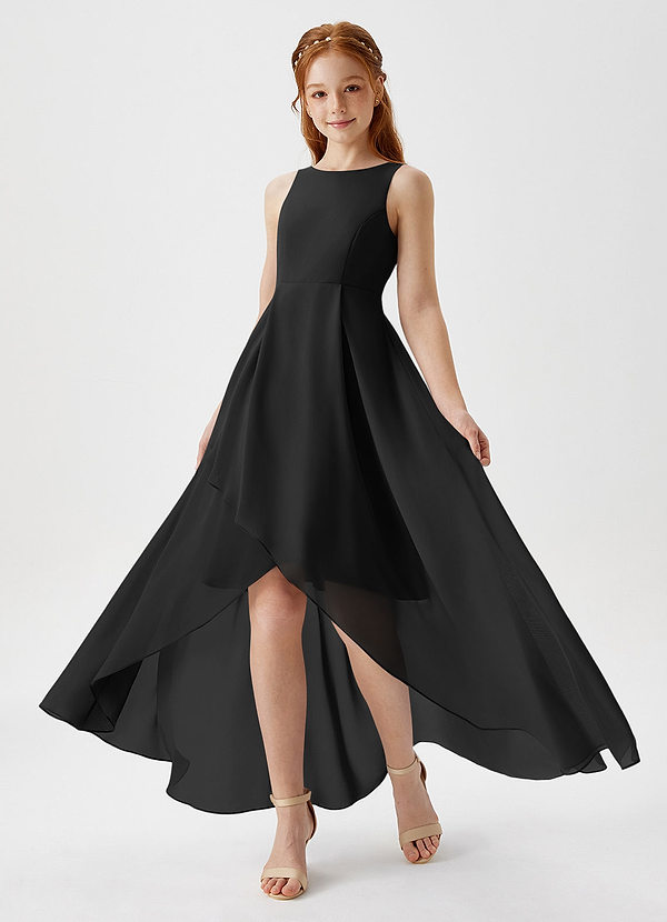 Azazie Lizette Junior Black A-Line Pleated Chiffon Dress image1