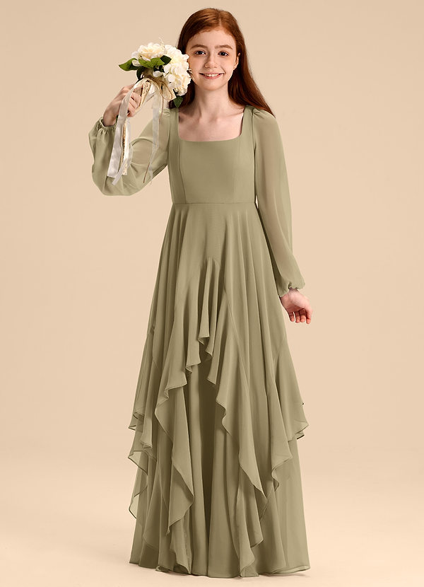 Azazie Clara Junior Robe Trapèze en Mousseline de soie Blouson Vert Mousse image1