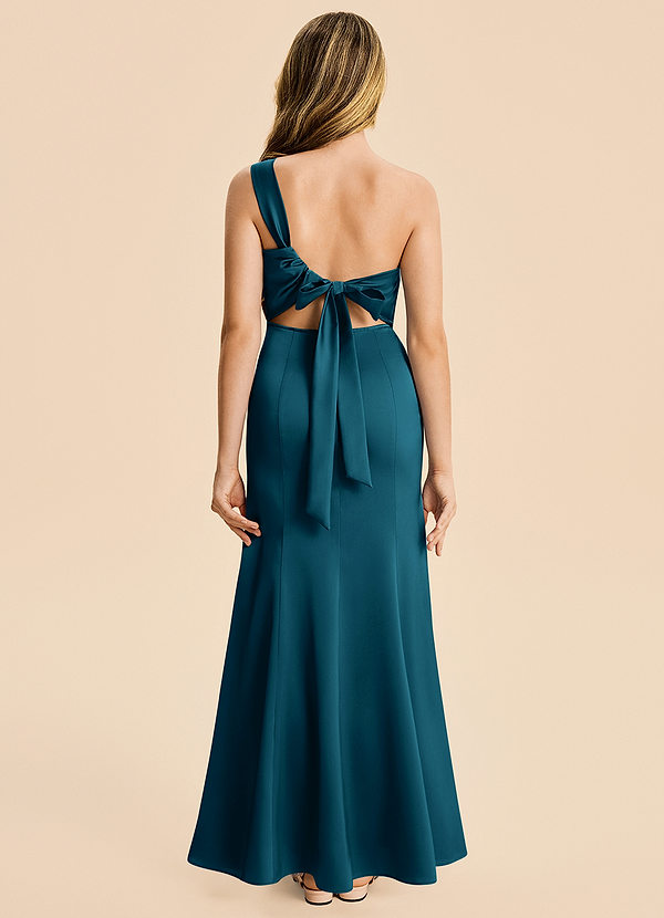 Azazie Ren Junior Ink Blue A-Line Pleated Stretch Satin Dress image1