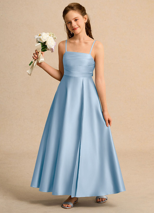 Azazie Pebbles Girls Formal Flower Girl Dresses Powder Blue A-Line Pleated Matte Satin Dress image1