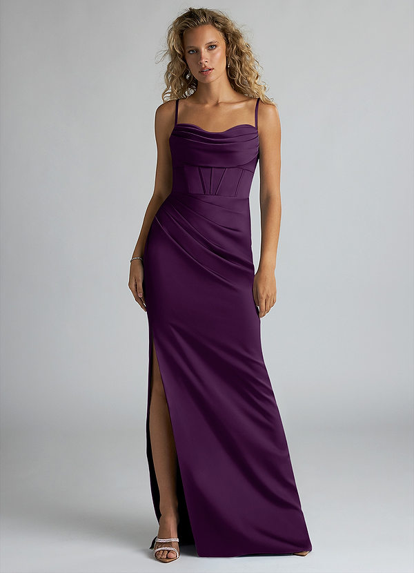 Azazie Mai Bridesmaid Dresses Grape Sheath Pleated Stretch Satin Dress image1