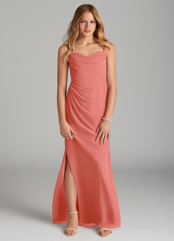 Azazie Mai Junior Salmon Pink Sheath Pleated Chiffon Dress image1