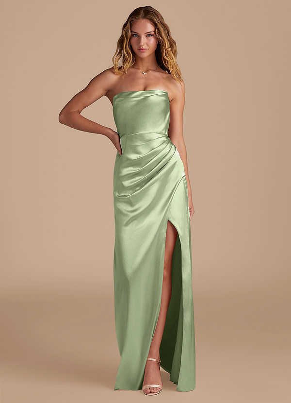 Azazie Leonis Brautjungfernkleider Wandelbar Meerjungfrau-Linie Plissee Metallischer Satin Kleid Staubiger Salbeigrün image1