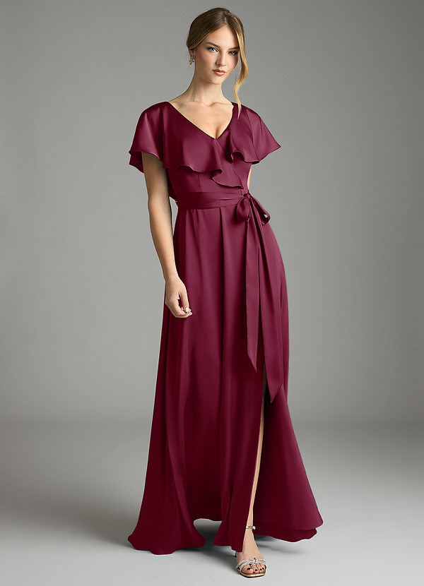 Azazie Lainey Bridesmaid Dresses Mulberry A-Line with Pockets Stretch Satin Dress image1