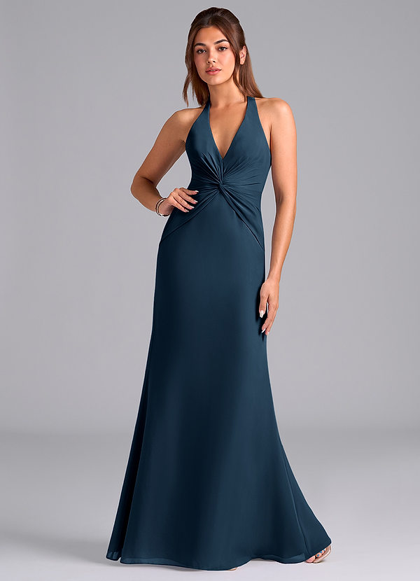 Azazie Valerie Bridesmaid Dresses Dark Navy Mermaid Pleated Chiffon Dress image1