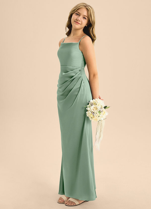 Azazie Renna Junior Agave A-Line Pleated Stretch Satin Dress image1