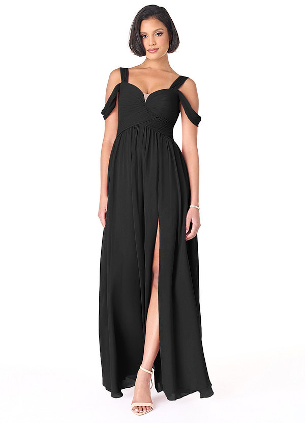 Azazie Lianne Bridesmaid Dresses Black A-Line Off the Shoulder Chiffon Dress image1