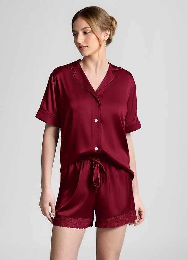 front Borgogna Pigiama a maniche corte con finiture in pizzo satinato