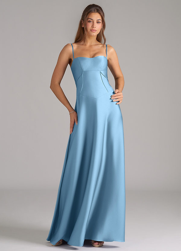 Azazie Valentine Bridesmaid Dresses Steel Blue A-Line Corset Stretch Satin Dress image1