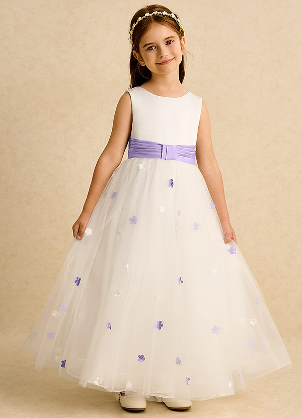 Azazie Cricket Abiti da Ragazza di Fiori Abito Principessa in Raso Opaco Plissettato Avorio Lilla image1