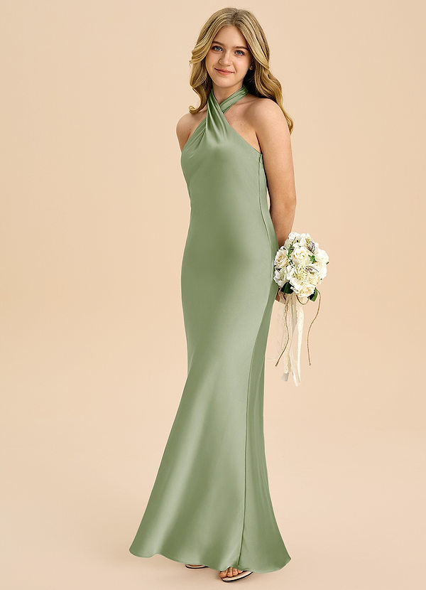 Azazie Chickie Junior Jurk van Stretch Satijn met Kolom Geplooid Stoffige Salie image1