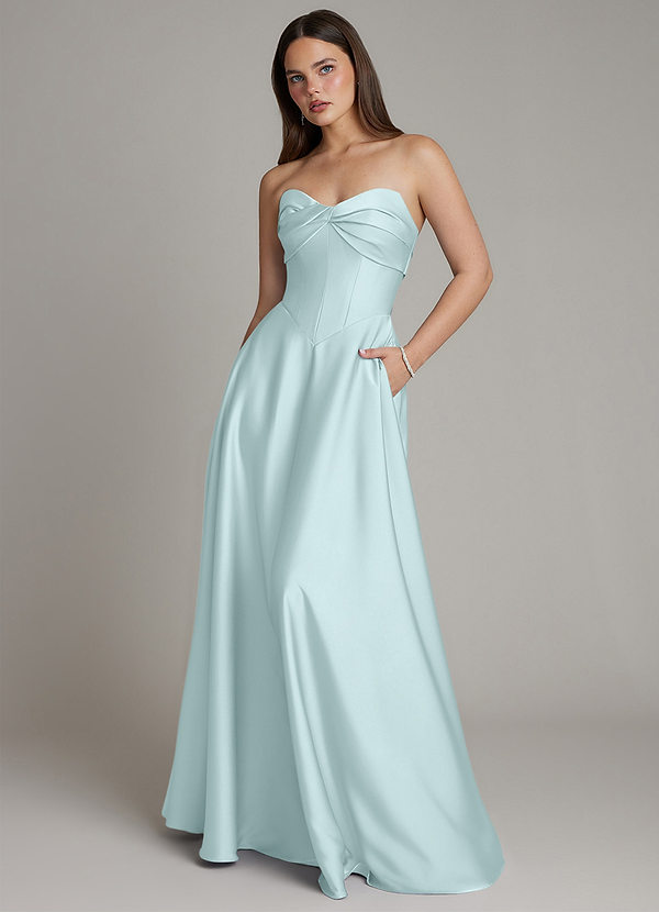 Azazie Meleena Bridesmaid Dresses Sea Glass A-Line Strapless Stretch Satin Dress image1