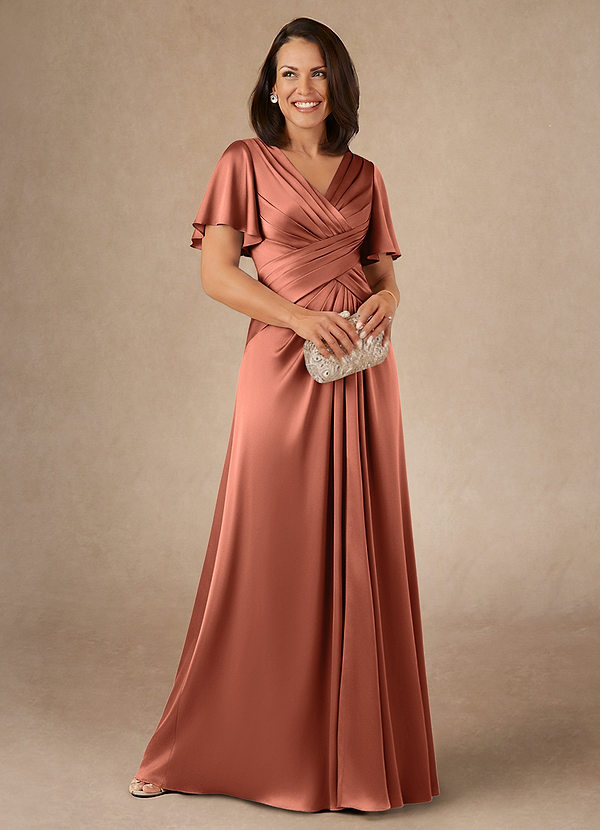 Azazie Emmeline Mother of the Brides Dresses Clay A-Line Pleated Stretch Satin Dress image1