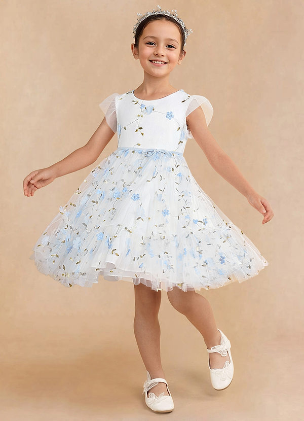 Azazie Alisia Flower Girl Dresses Ivory Sky Blue A-Line Pleated Tulle Dress image1