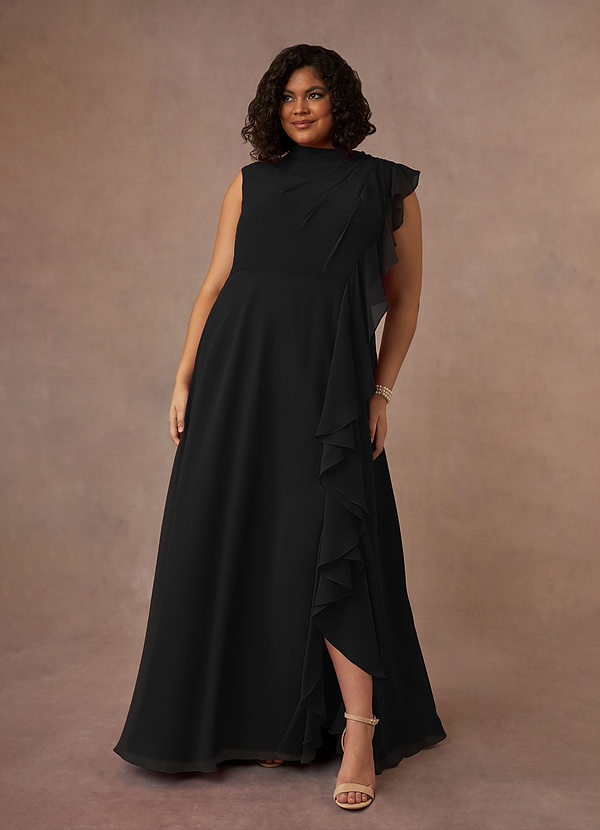 Azazie Narine Mother of the Bride Dresses Black A-Line High Neckline Pleated Chiffon Dress image1