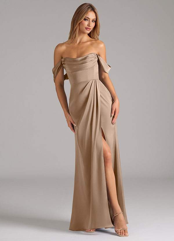 Azazie Johana Bridesmaid Dresses Taupe Mermaid Off the Shoulder Stretch Satin Convertible Dress image1