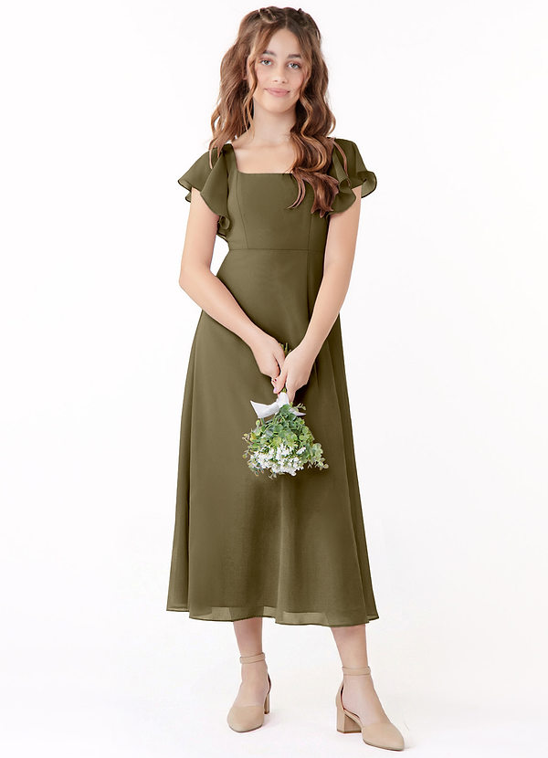 Azazie Bondi Junior Willow Green A-Line Ruched Chiffon Dress image1