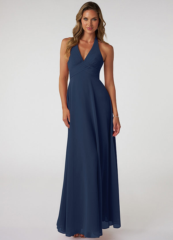 Azazie Tessie Bridesmaid Dresses Dark Navy A-Line V-Neck Pleated Chiffon Dress image1