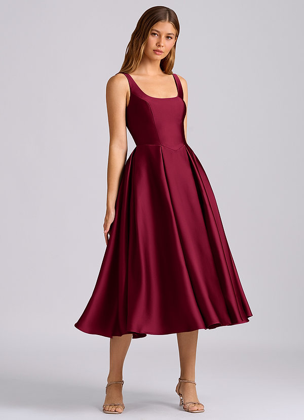 Azazie Amalie Bridesmaid Dresses Burgundy A-Line Pleated Stretch Satin Dress image1