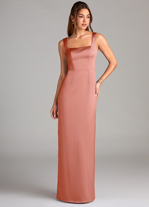 Azazie Flori Bridesmaid Dresses Coral Sheath Side Slit Stretch Satin Dress image1
