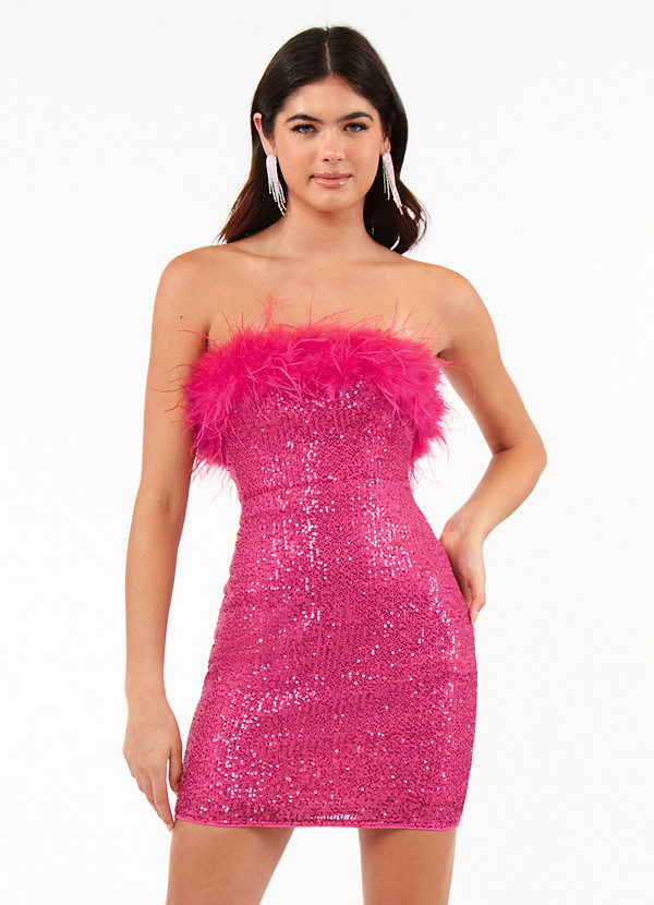 front Hollywood Hills Hot Pink Feather Sequin Bodycon Mini Dress
