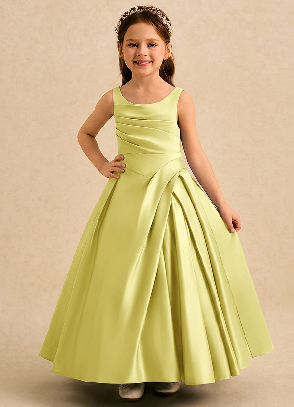 Azazie Audrey Flower Girl Dresses Lemon Sorbet A-Line Pleated Matte Satin Dress image1