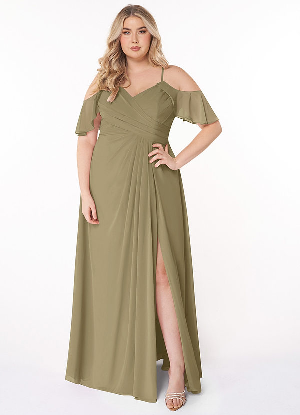 Azazie Dakota Bridesmaid Dresses Moss Green A-Line V-Neck Pleated Chiffon Dress image1