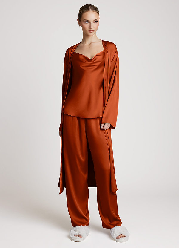 front Paprika Satin Long Sleeves 3-Piece Loungewear Set