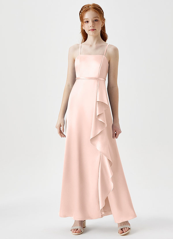 Azazie Kaylee Junior Robe Trapèze en Satiné métallisé avec ceinture Or Rose image1