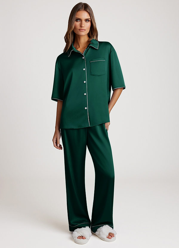 front Emerald Contrast-trimmed Pajama Set
