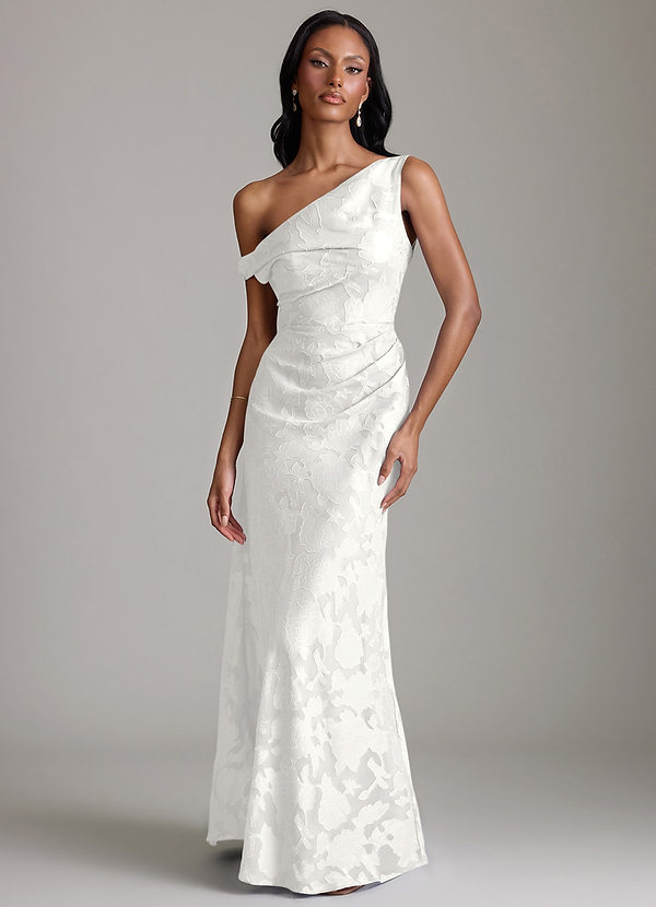 Azazie Emerson Bridesmaid Dresses Vestido Branco de Esgotamento Floral de sereia com Fora do ombro image1