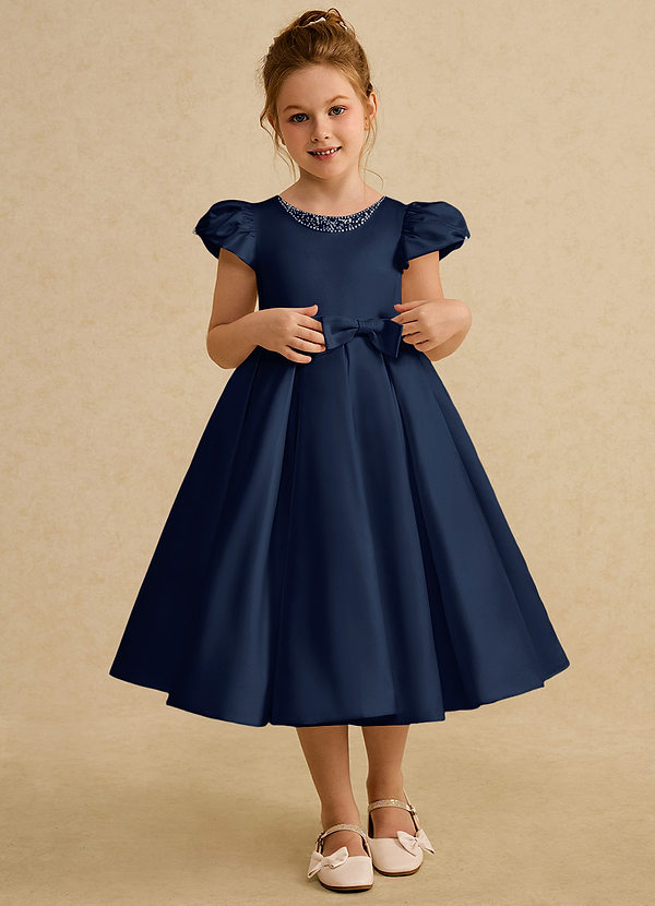 Azazie Pearl Flower Girl Dresses Dark Navy Ball-Gown Pleated Matte Satin Dress image1