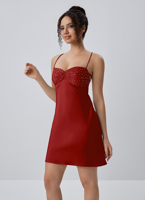 Joviannelle Ruby Red Beading Sequin Embroidery Satin Open Back Mini Dress image1