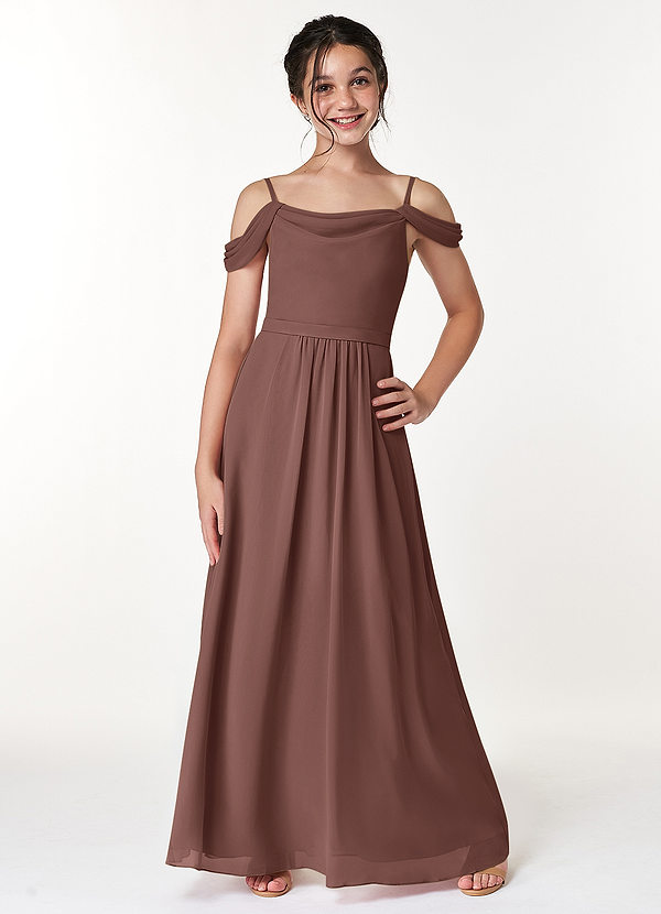 Azazie Alivia Junior Espresso A-Line Off the Shoulder Chiffon Dress image1