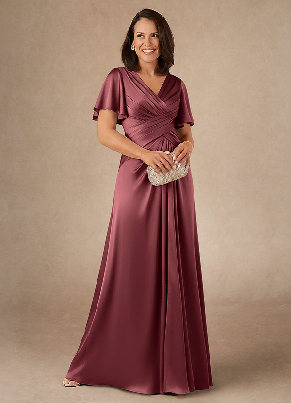 Azazie Emmeline Brautmutterkleider A-Linie Plissee Stretch-Satin Kleid Merlot image1