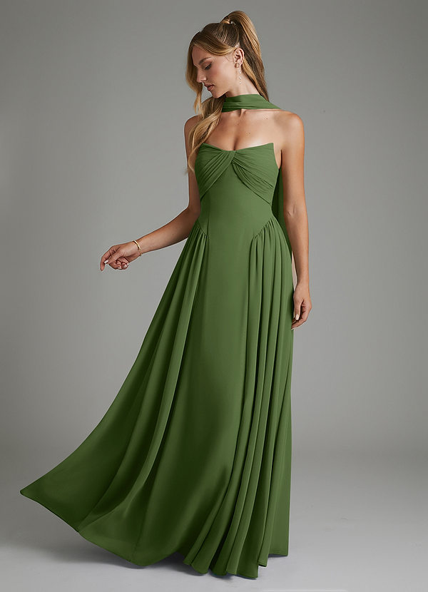 Azazie Evan Robes de demoiselle d'honneur Robe Trapèze en Mousseline de soie Bustier Olive image1