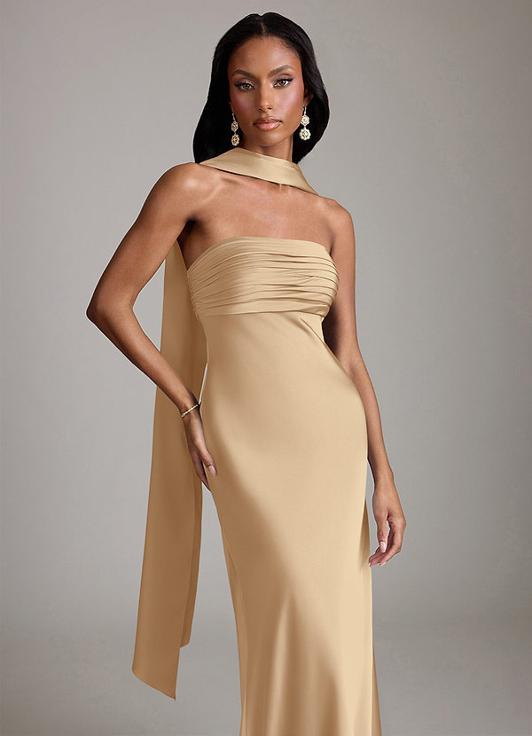 Azazie Saylor 신부 들러리 드레스 인어 스트랩리스 스트레치 새틴 바닥 길이 드레스 image1