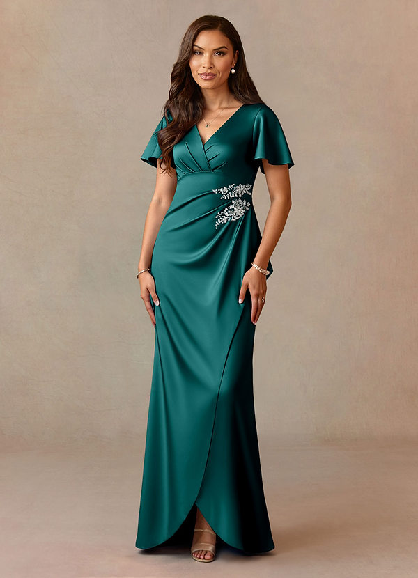 Azazie Robins Mother of the Brides Dresses Peacock A-Line Pleated Stretch Satin Dress image1