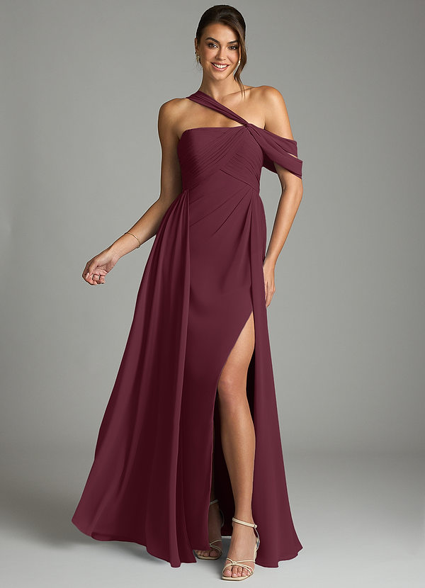 Azazie Kassandra Bridesmaid Dresses Cabernet A-Line Off the Shoulder Chiffon Dress image1