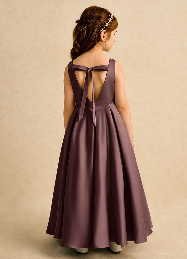 Azazie Pepper Flower Girl Dresses Espresso A-Line Pleated Matte Satin Dress image1