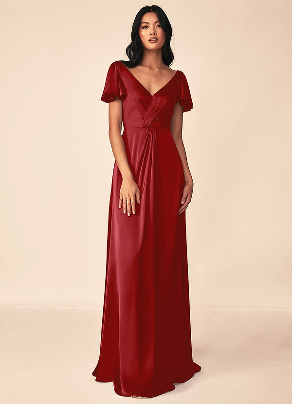Azazie Soren Bridesmaid Dresses Pomegranate A-Line Pleated Stretch Satin Dress image1